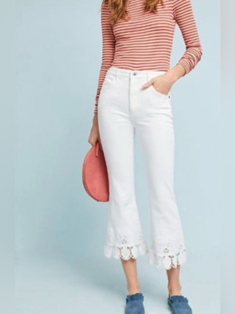 Pilcro x Anthropologie and White High Rise Cropped Flare Embroidered Jeans.26